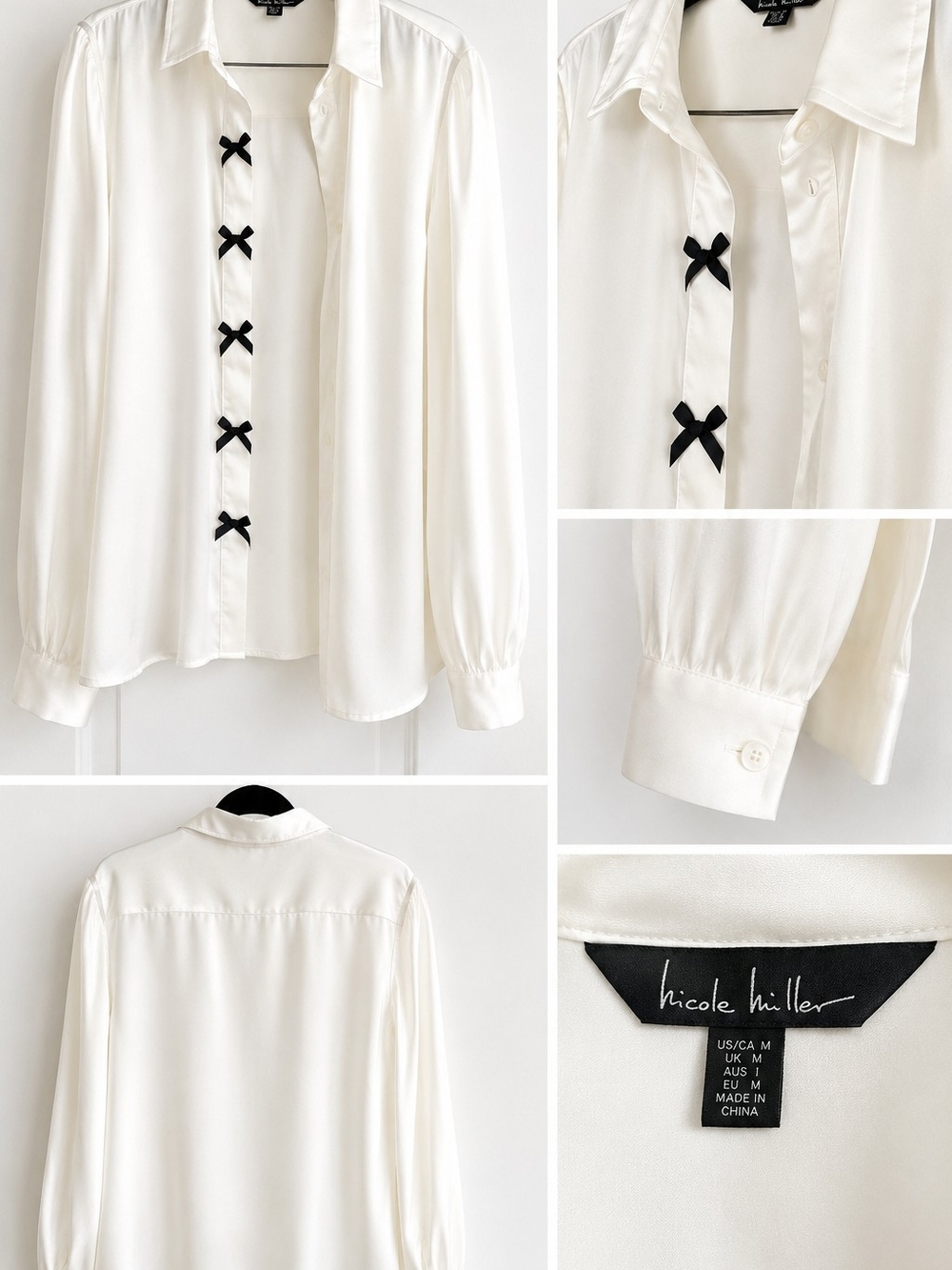 Nicole Miller Cream Long-Sleeve Dress Shirt with Black Bow Trim
